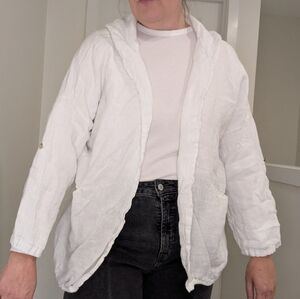 White 100% Linen Hoodie Open Cardigen with Pockets and Rolled Sleeves Size 2X